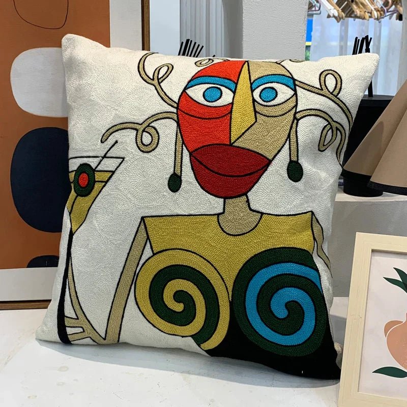 ThreadMuse | Abstract geborduurde kussenhoes, decoratieve kussensloop geïnspireerd door Picasso, zacht katoenen sierkussen voor woonkamer en slaapkamer