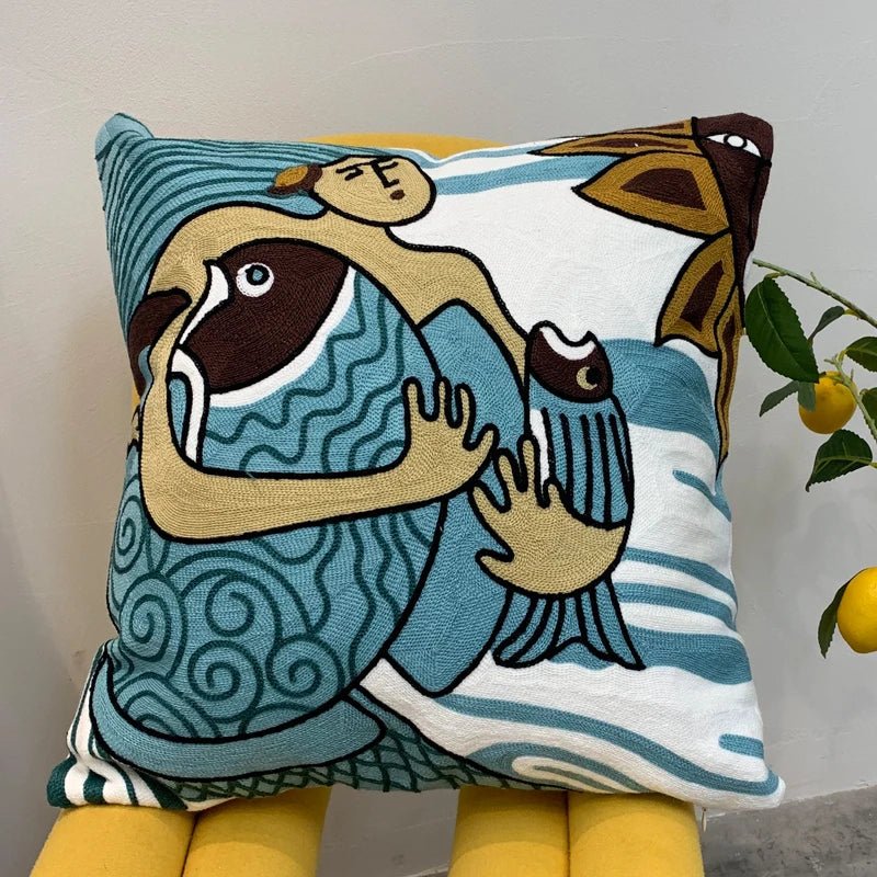 ThreadMuse | Abstract geborduurde kussenhoes, decoratieve kussensloop geïnspireerd door Picasso, zacht katoenen sierkussen voor woonkamer en slaapkamer
