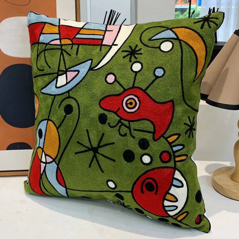 ThreadMuse | Abstract geborduurde kussenhoes, decoratieve kussensloop geïnspireerd door Picasso, zacht katoenen sierkussen voor woonkamer en slaapkamer