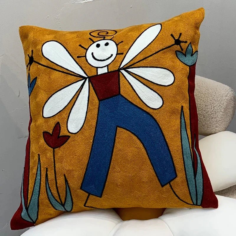 ThreadMuse | Abstract geborduurde kussenhoes, decoratieve kussensloop geïnspireerd door Picasso, zacht katoenen sierkussen voor woonkamer en slaapkamer