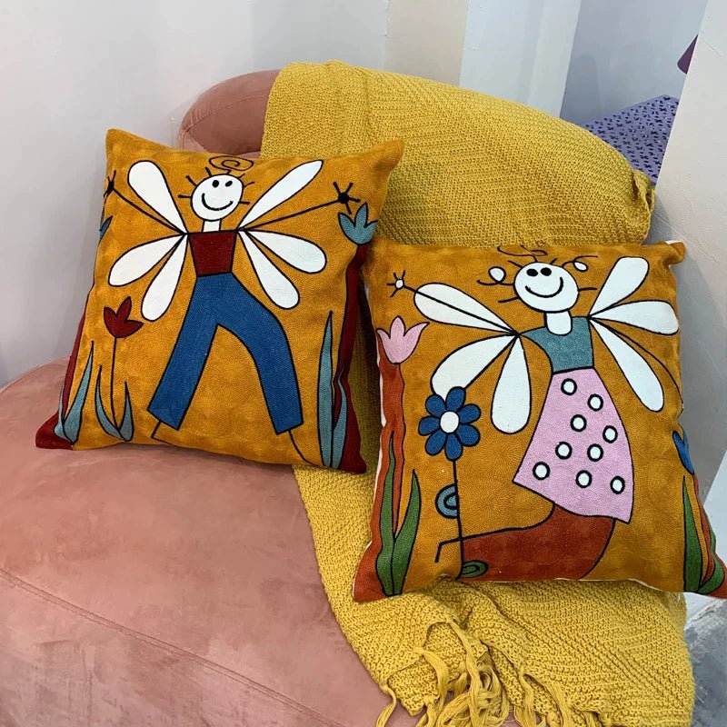 ThreadMuse | Abstract geborduurde kussenhoes, decoratieve kussensloop geïnspireerd door Picasso, zacht katoenen sierkussen voor woonkamer en slaapkamer