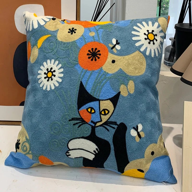 ThreadMuse | Abstract geborduurde kussenhoes, decoratieve kussensloop geïnspireerd door Picasso, zacht katoenen sierkussen voor woonkamer en slaapkamer