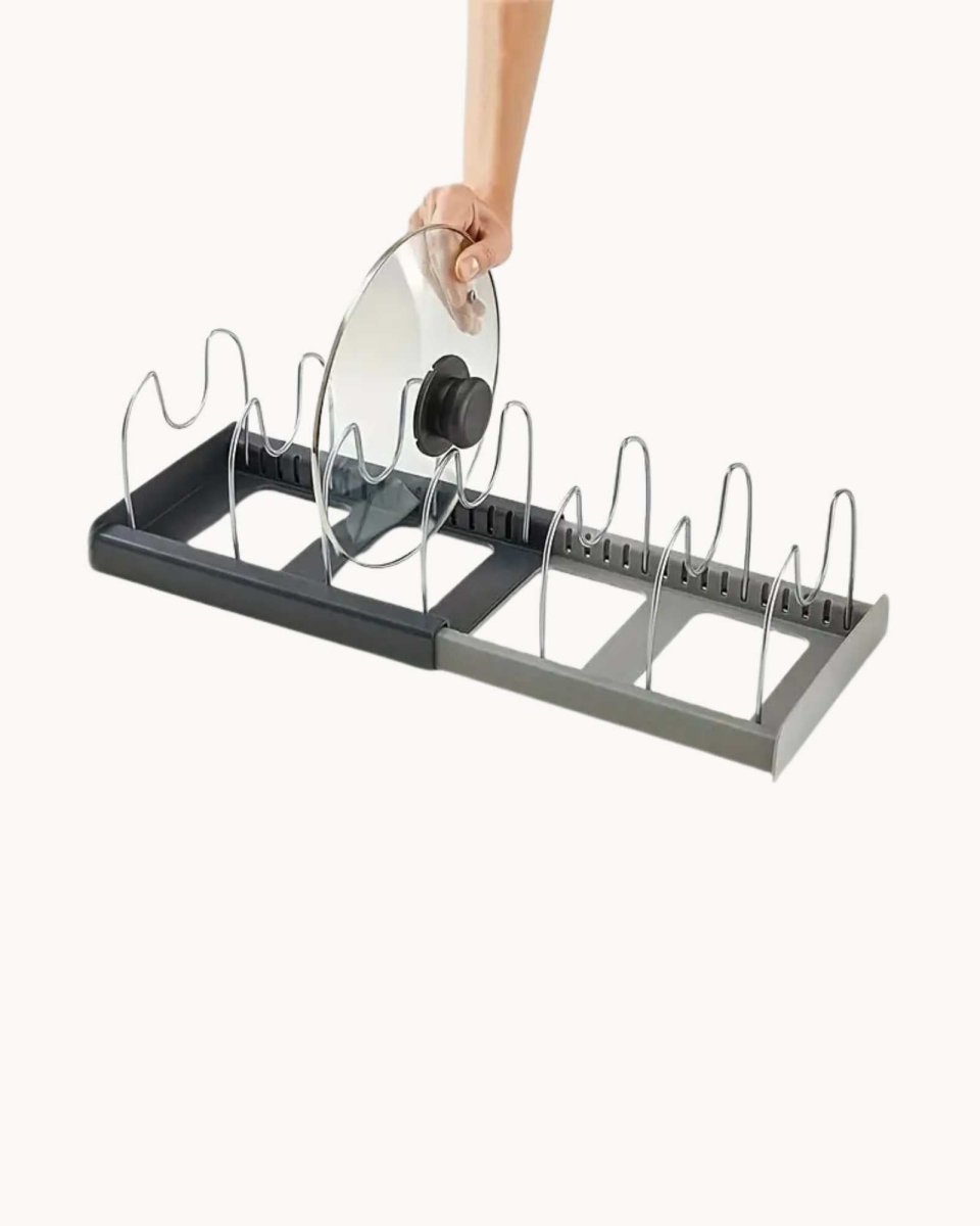 AdjustRack | Verstelbare ruimtebesparende pottenhouder – keukenkastrek voor het opbergen