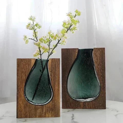 Nuvase | Minimalistische Houten & Glazen Vaas – Modern Scandinavisch Decor