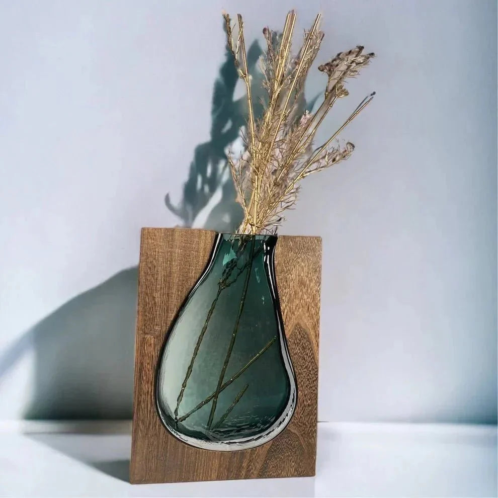 Nuvase | Minimalistische Houten & Glazen Vaas – Modern Scandinavisch Decor