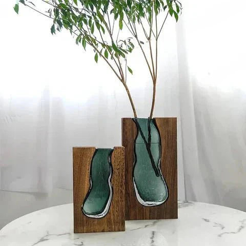 Nuvase | Minimalistische Houten & Glazen Vaas – Modern Scandinavisch Decor