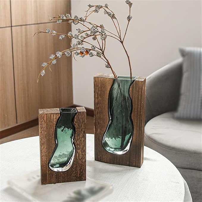 Nuvase | Minimalistische Houten & Glazen Vaas – Modern Scandinavisch Decor