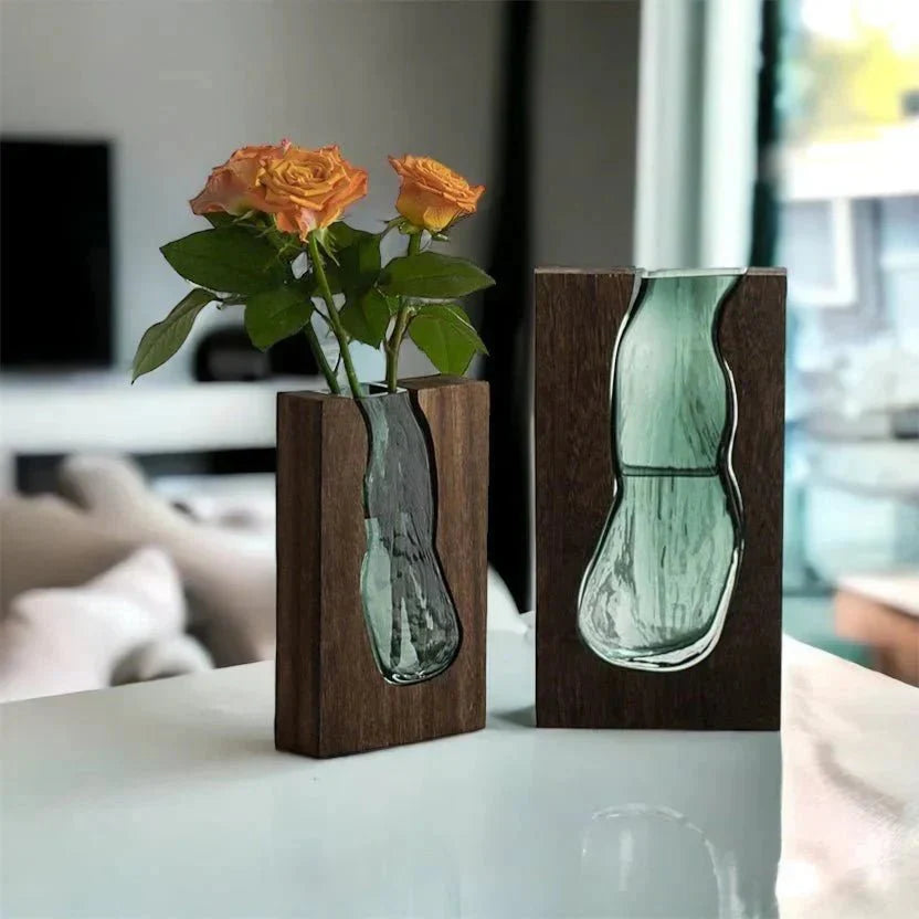 Nuvase | Minimalistische Houten & Glazen Vaas – Modern Scandinavisch Decor