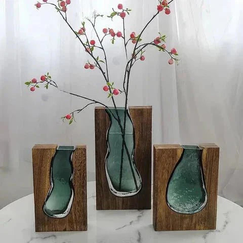 Nuvase | Minimalistische Houten & Glazen Vaas – Modern Scandinavisch Decor