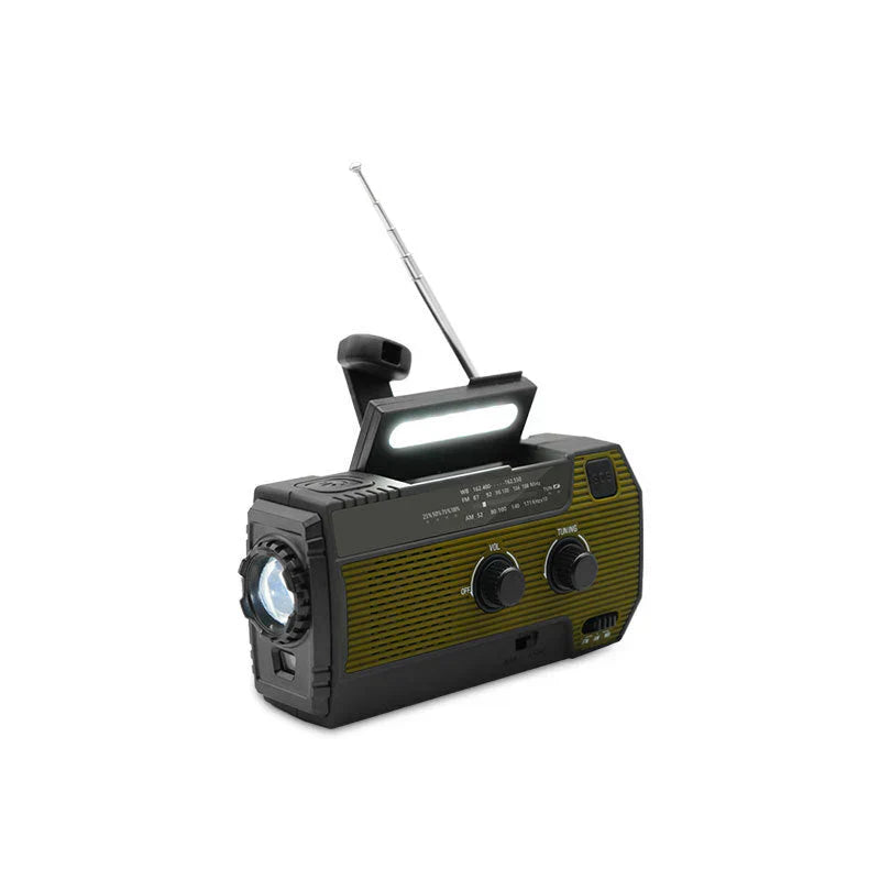 RescueWave | Zonne-noodradio – 5-voudige voeding, handslinger, USB, zonne-energie, batterij, zaklamp en AM/FM-waarschuwing