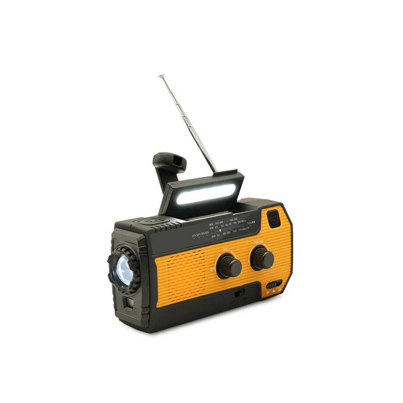 RescueWave | Zonne-noodradio – 5-voudige voeding, handslinger, USB, zonne-energie, batterij, zaklamp en AM/FM-waarschuwing
