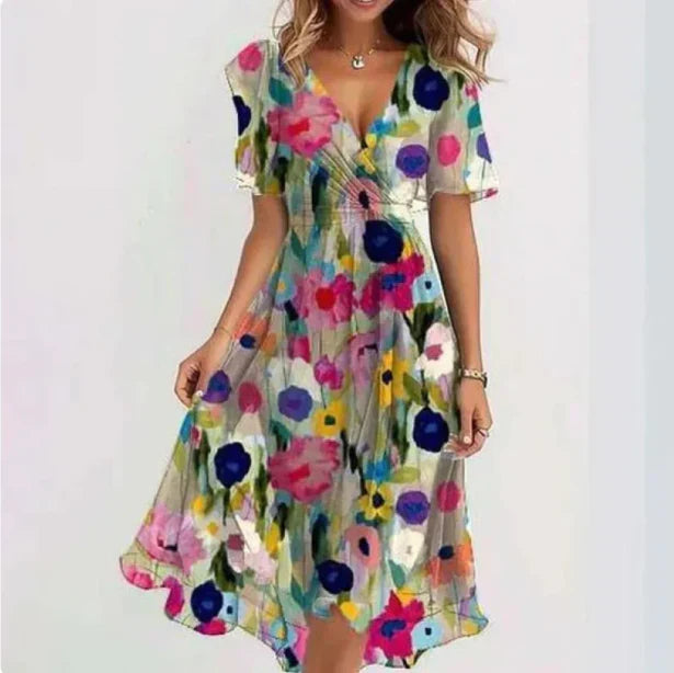 Risa | Midi-jurk met bloemenprint voor dames – Elegante zomerjurk van chiffon met overslag