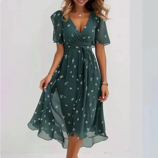 Risa | Midi-jurk met bloemenprint voor dames – Elegante zomerjurk van chiffon met overslag