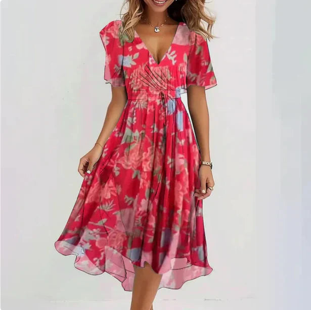 Risa | Midi-jurk met bloemenprint voor dames – Elegante zomerjurk van chiffon met overslag