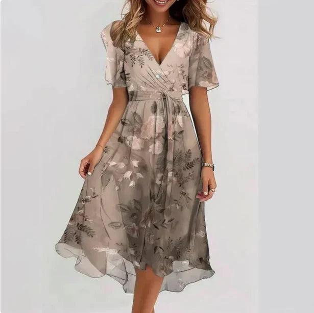 Risa | Midi-jurk met bloemenprint voor dames – Elegante zomerjurk van chiffon met overslag