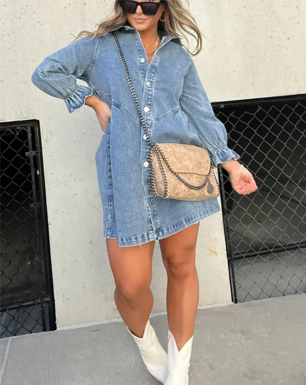 Izel |Denim overhemdjurk voor dames – midi-jurk met knoopsluiting, casual spijkerjurk