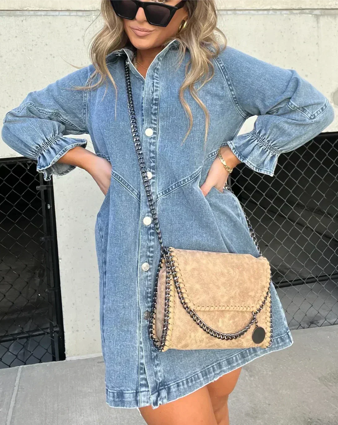 Izel |Denim overhemdjurk voor dames – midi-jurk met knoopsluiting, casual spijkerjurk