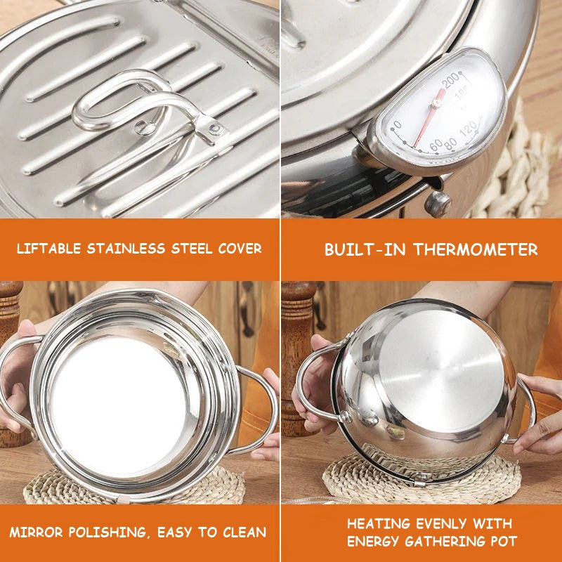 FryKitsu | Frituurpan met Thermometer - Roestvrijstalen Tempura Pan met Deksel, Olie Controle