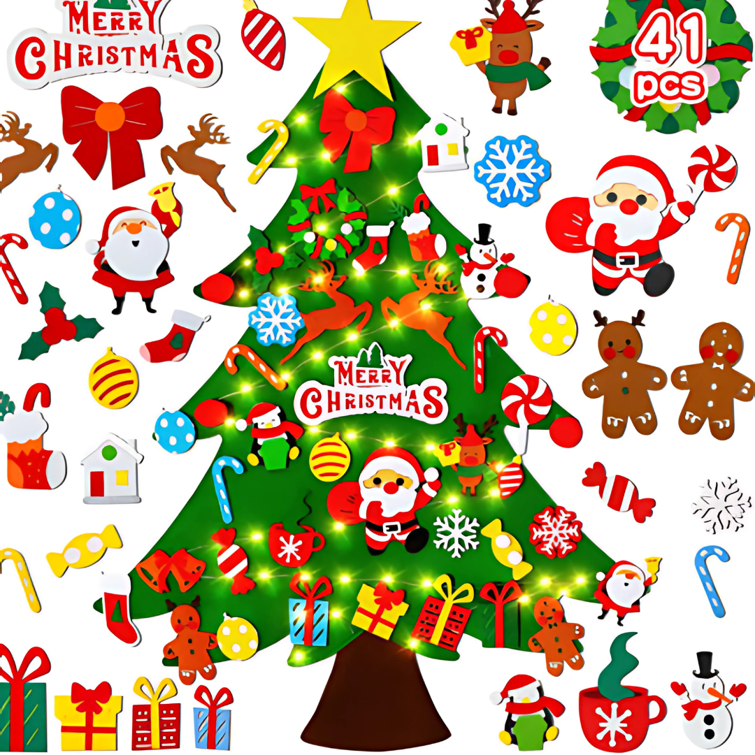 JollyFelt | DIY vilten kerstboom voor kinderen – 90 cm wanddecoratie met herbruikbare ornamenten
