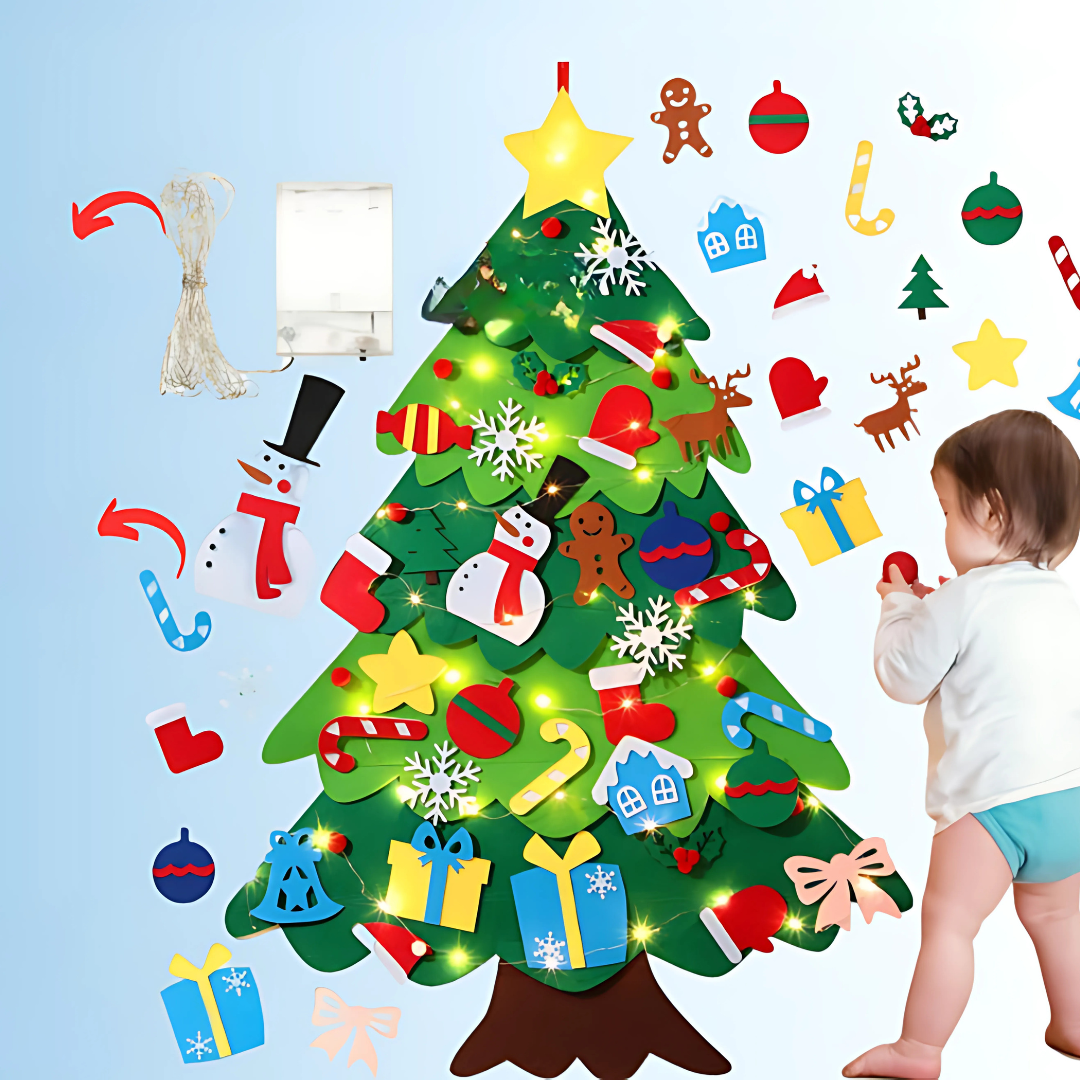 JollyFelt | DIY vilten kerstboom voor kinderen – 90 cm wanddecoratie met herbruikbare ornamenten