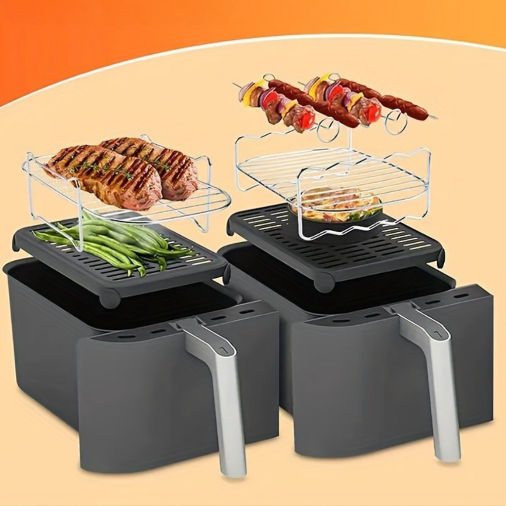 FryForge | Pro Air Fryer-gereedschapsset – BBQ-spietsysteem & hittebestendige stalen kookstandaard