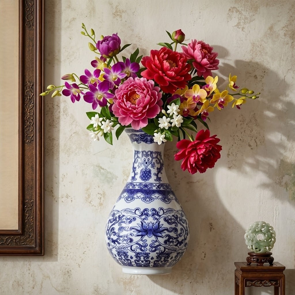 BlueVista | Aan de Muur Gemonteerde Blauwe Keramische Porseleinen Vaas – Decoratieve Wandbloemenhouder