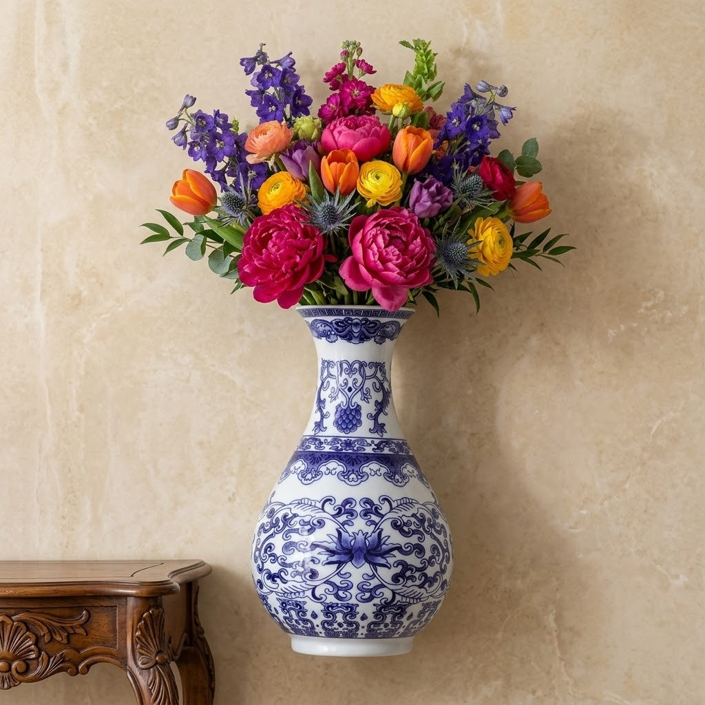 BlueVista | Aan de Muur Gemonteerde Blauwe Keramische Porseleinen Vaas – Decoratieve Wandbloemenhouder