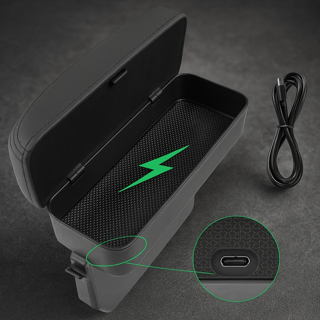 ChargeCaddy | Organizer voor autostoel met draadloze oplader - Opbergvak, Telefoonhouder