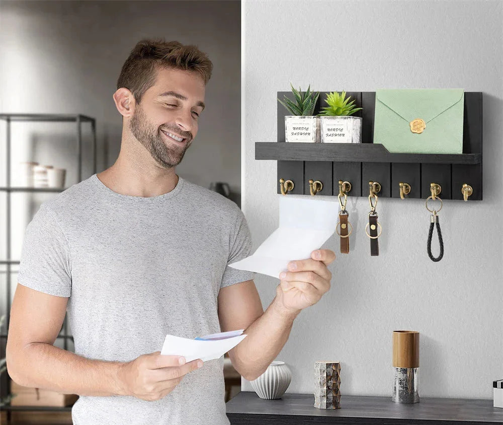 EntryMate | Houten Sleutelhouder met Plank – Wandgemonteerd, 7 Haken, Stijlvolle Organisatie