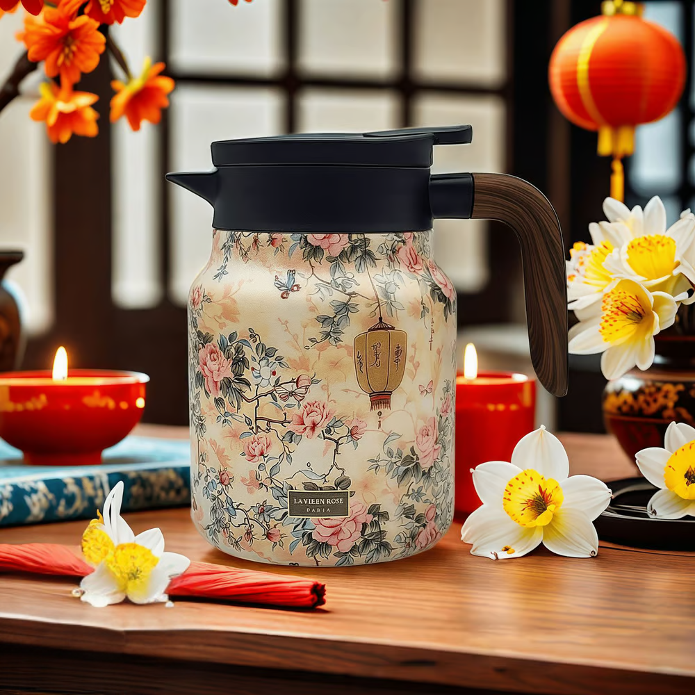 BloomSip | Roestvrijstalen thermoskan met bloemmotief en infuser – houdt thee warm