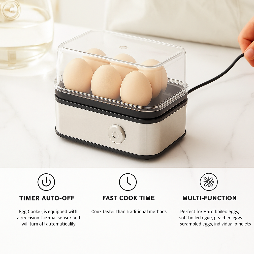 BoilBox | Automatische elektrische eierstoompan – capaciteit voor 6 eieren, roestvrijstalen keukenapparaat