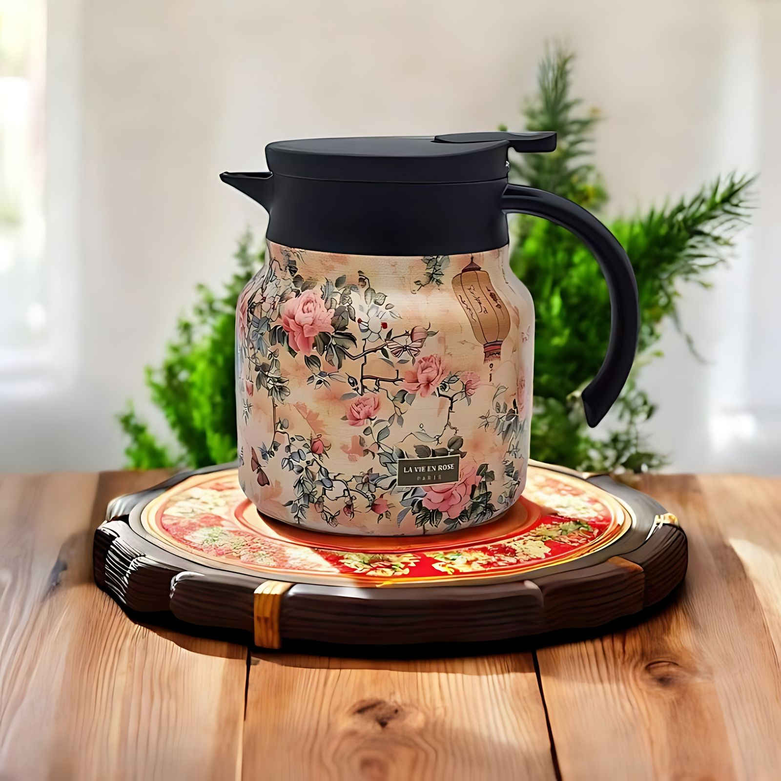 BloomSip | Roestvrijstalen thermoskan met bloemmotief en infuser – houdt thee warm