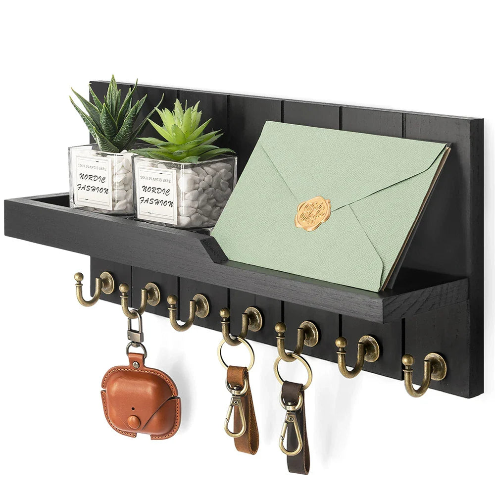 EntryMate | Houten Sleutelhouder met Plank – Wandgemonteerd, 7 Haken, Stijlvolle Organisatie