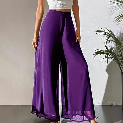 Roselia | Lichte zomerbroek voor dames – Soepelvallende palazzo met wijde pijpen van chiffon
