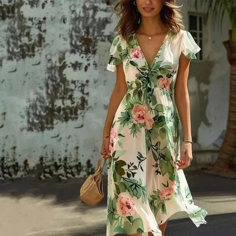 Hylia | Bloemen midi-jurk voor dames – casual losse pasvorm zomerjurk