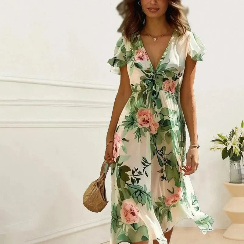 Elirae | Dames bloemen midi-jurk – casual losse A-lijn jurk