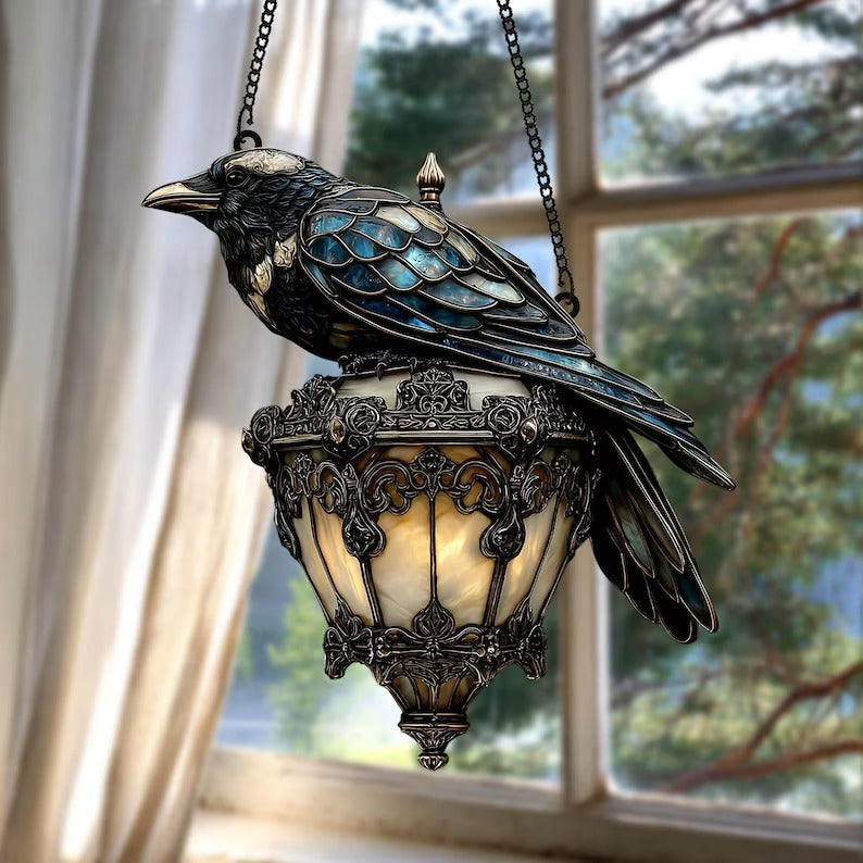 SunlitCrow | Faux gebrandschilderd glas kraaienlantaarn zonnespiegel – Acryl decoratief raamornament
