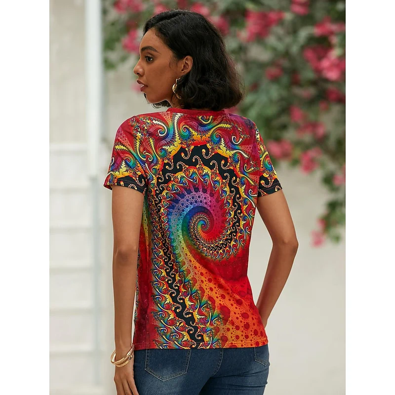 Roria | V-hals grafisch T-shirt voor dames – casual top met swirl-print en korte mouwen