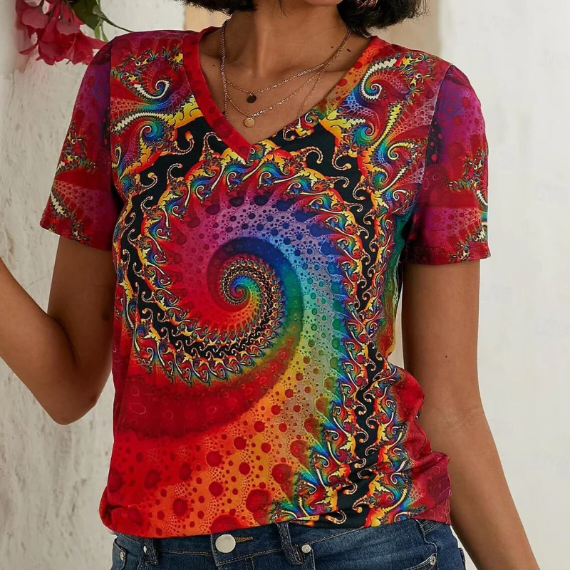 Roria | V-hals grafisch T-shirt voor dames – casual top met swirl-print en korte mouwen