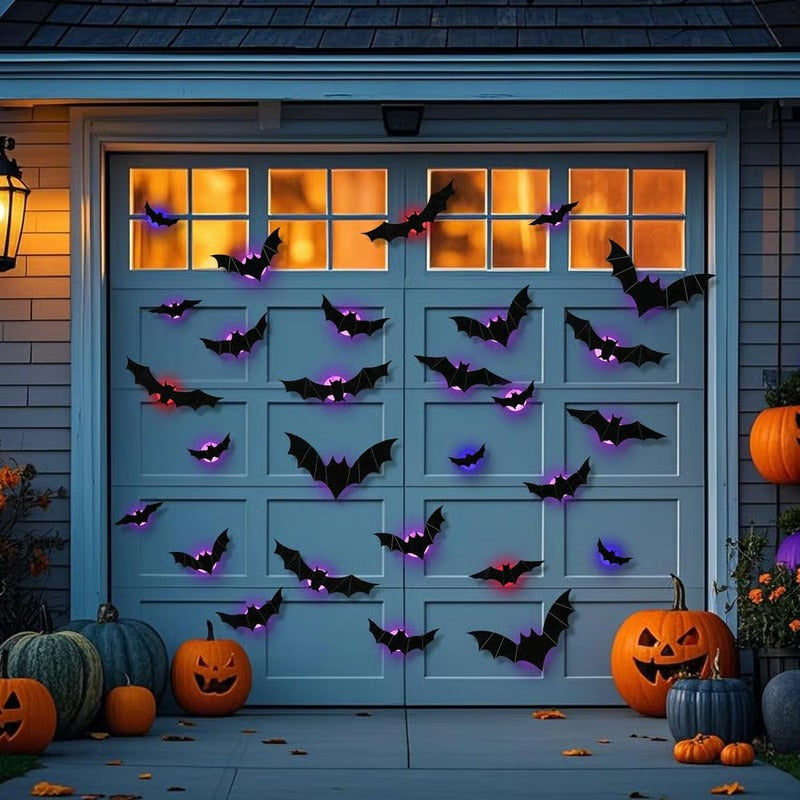 EerieFliers | Gloeiende 3D-vleermuizen muurstickers – 12-delige set voor Halloween