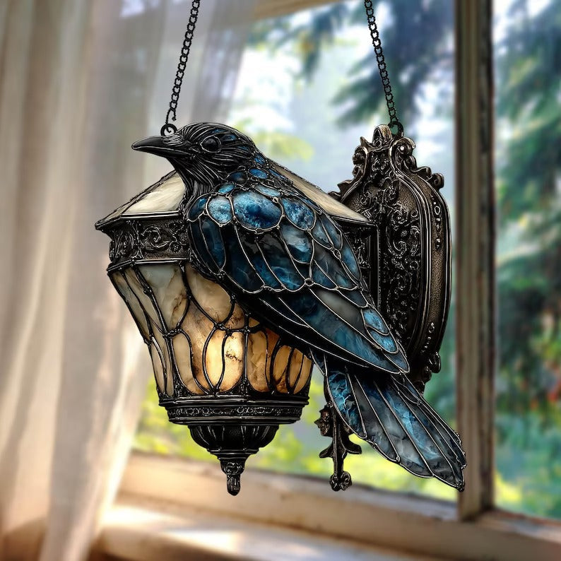 SunlitCrow | Faux gebrandschilderd glas kraaienlantaarn zonnespiegel – Acryl decoratief raamornament