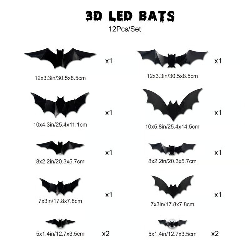 EerieFliers | Gloeiende 3D-vleermuizen muurstickers – 12-delige set voor Halloween