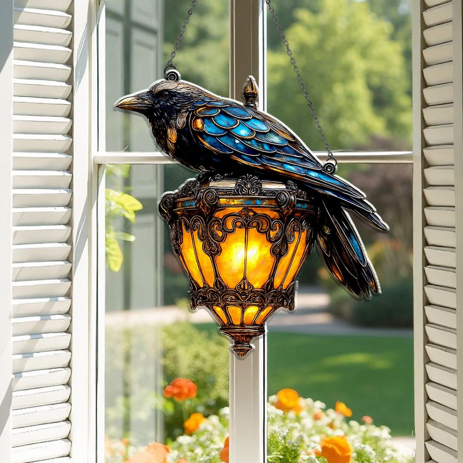 SunlitCrow | Faux gebrandschilderd glas kraaienlantaarn zonnespiegel – Acryl decoratief raamornament