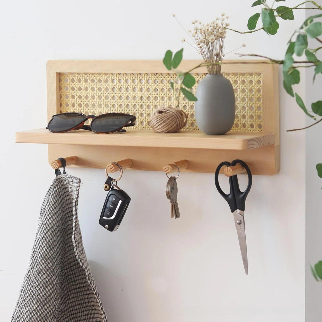 RattanRack | Houten Rotan Wandplank - Moderne Minimalistische Haken voor Kleding en Sleutelopbergers