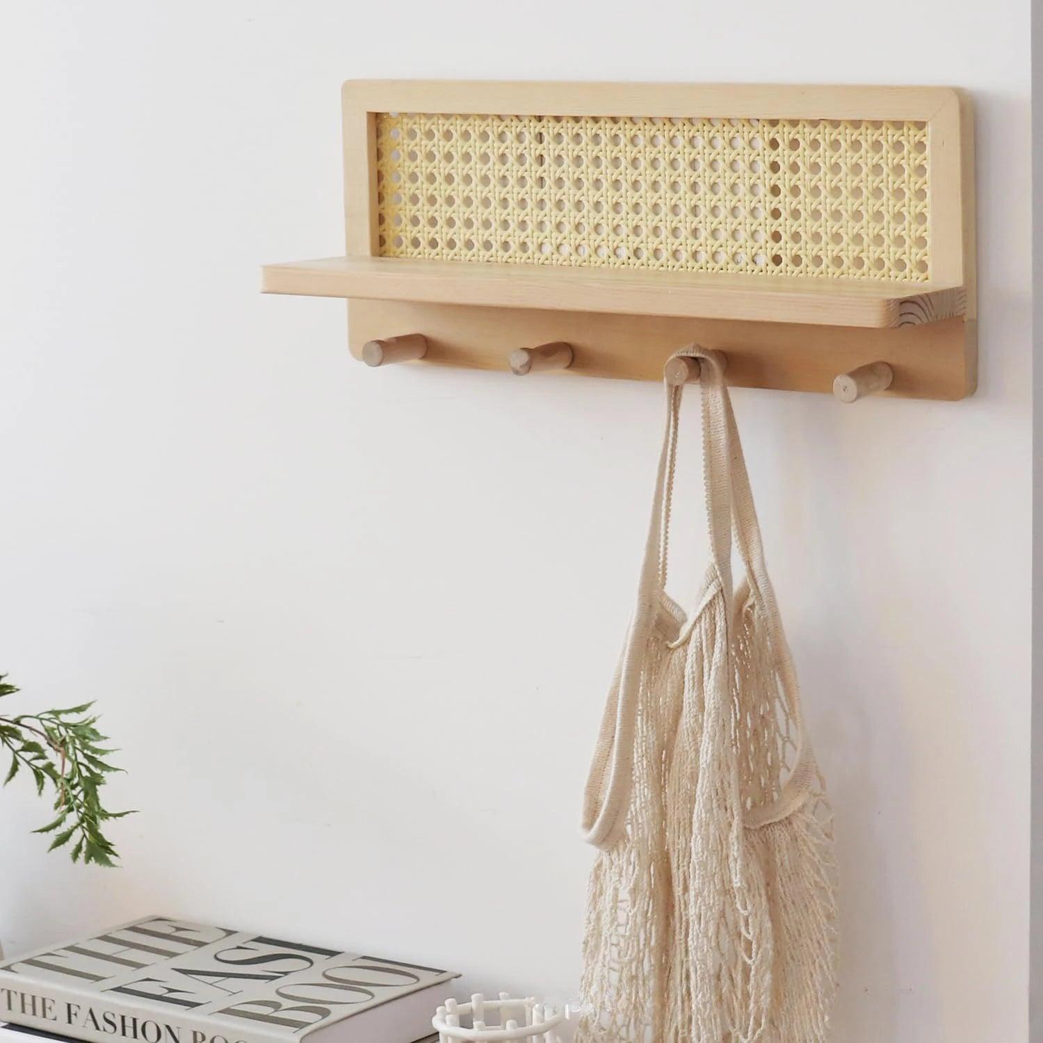 RattanRack | Houten Rotan Wandplank - Moderne Minimalistische Haken voor Kleding en Sleutelopbergers