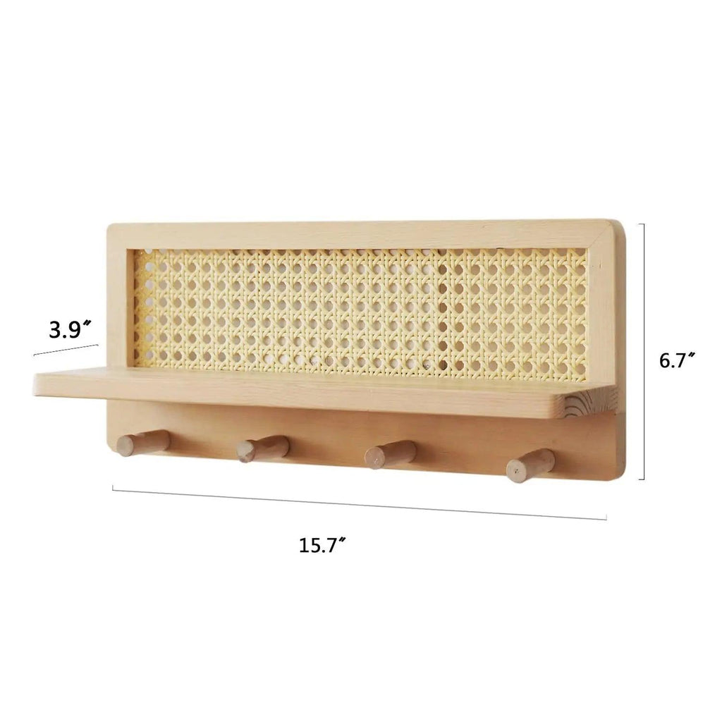 RattanRack | Houten Rotan Wandplank - Moderne Minimalistische Haken voor Kleding en Sleutelopbergers