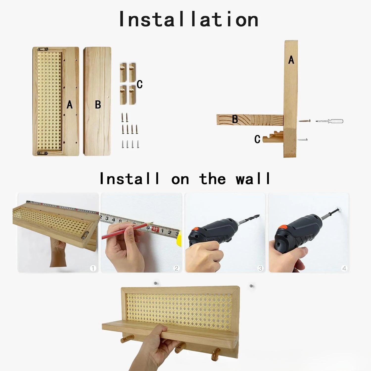 RattanRack | Houten Rotan Wandplank - Moderne Minimalistische Haken voor Kleding en Sleutelopbergers
