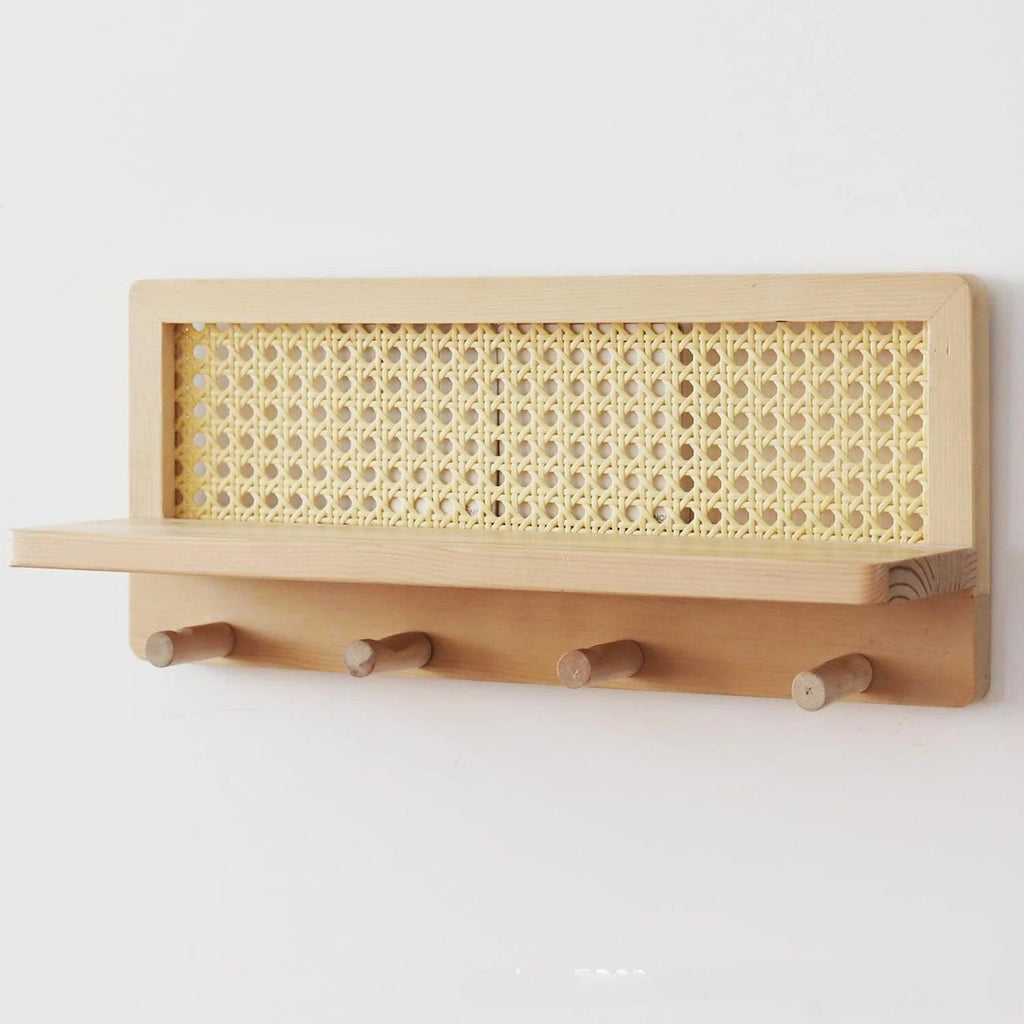 RattanRack | Houten Rotan Wandplank - Moderne Minimalistische Haken voor Kleding en Sleutelopbergers