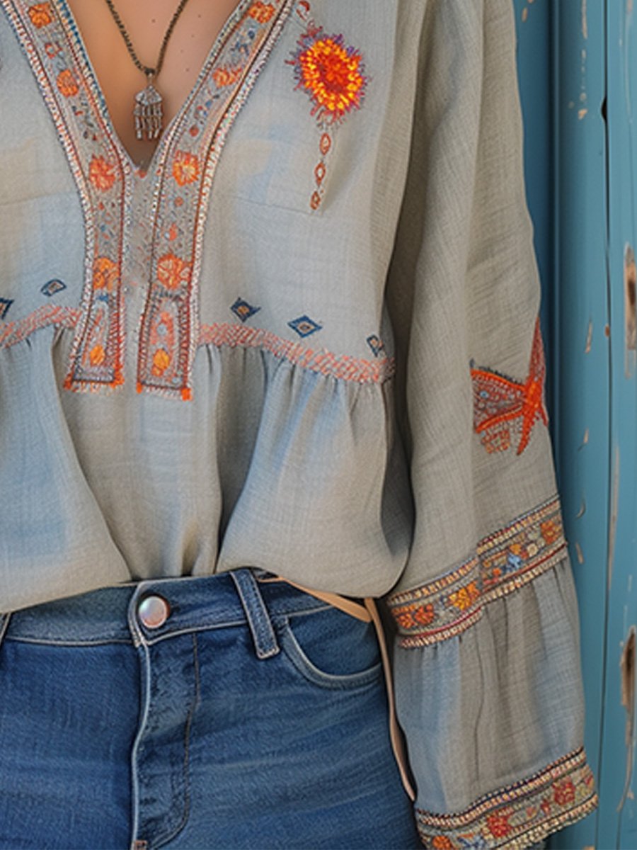 Elynea | Dames Boho V-hals Blouse – Geborduurde Details, Casual Zomertop