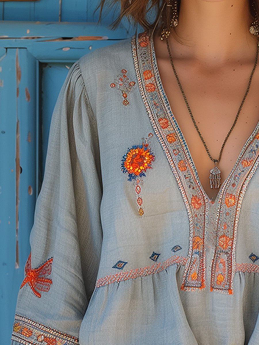 Elynea | Dames Boho V-hals Blouse – Geborduurde Details, Casual Zomertop